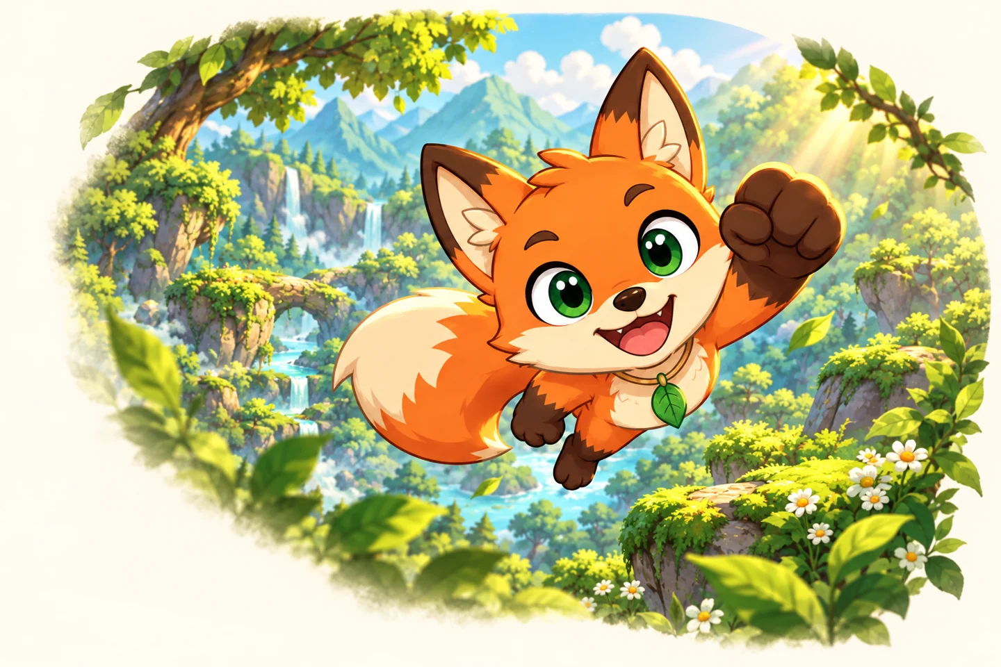 Jack, un zorrito naranja de ojos verdes, salta feliz entre árboles y cascadas.