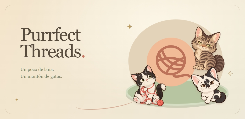 Purrfect Threads: Kira, Lola y Biscuit junto a un ovillo de lana.